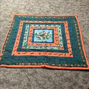 Vintage Handmade Green and Orange Bird Patchwork Quilt